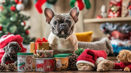 Exciting pet holiday sale local pet store promotional flyer festive atmosphere overhead view seasonal treats