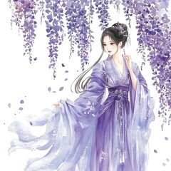 Elegant Woman in Purple Hanfu Under Wisteria Blossoms. A watercolor painting of a graceful woman in traditional Chinese clothing.