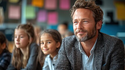Obraz premium Attentive Man with Two Girls in Classroom Setting Education Learning Teacher Students