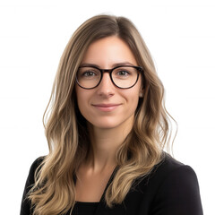 Obraz premium Professional woman posing confidently with glasses, smiling, and ready for business., isolated on a transparent background.