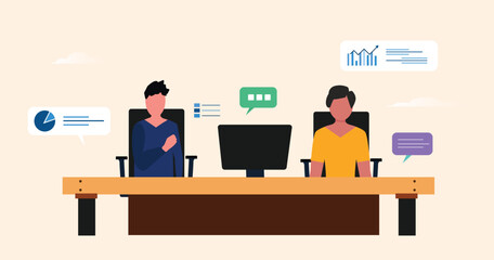 Office colleagues working together on a table with monitor on it. Office environment with two finance employees working together. Meeting room with two persons sitting and discussing key points. 