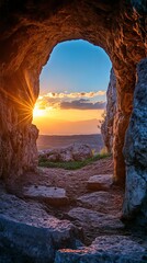 Stunning Sunset View Through Cave Entrance
