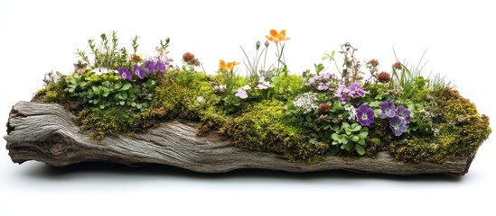 A Log Covered in Lush Green Moss and Colorful Spring Flowers