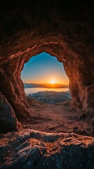 Stunning Sunset View Through a Cave Opening