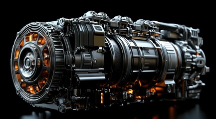 Close-up of a powerful, complex engine with glowing components.