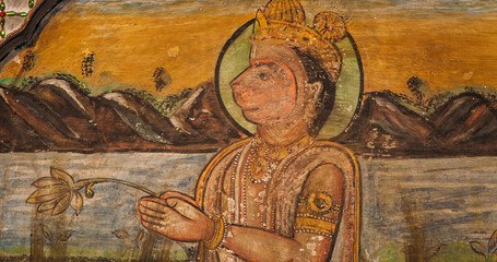 Close-Up View on Hanuman. Frescoes On Wall Of Hanuman Temple In Jaipur, India. Religious Motifs...