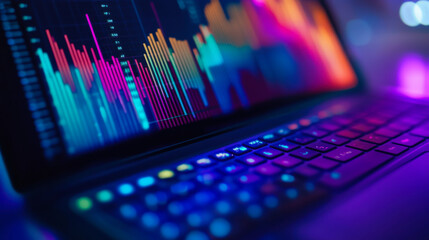 Colorful data visualization displayed on a laptop in a dimly lit office during the evening hours