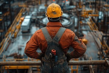 A constructor holding a wrench while standing on scaffolding, overlooking a large construction project -