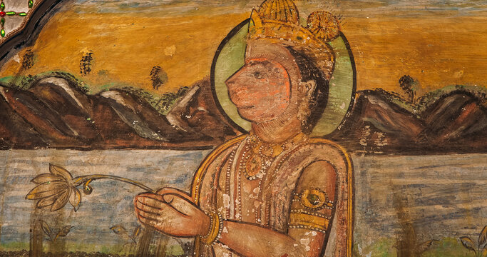 Close-Up View on Hanuman. Frescoes On Wall Of Hanuman Temple In Jaipur, India. Religious Motifs From Life Of Hanuman Are Painted. Monkey-like Deity, Son Of Wind God Vayu. Hanuman Also Known As Maruti