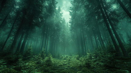 Obraz premium A mystical forest scene depicting dense trees and vibrant greenery under a misty atmosphere with soft light filtering through the canopy
