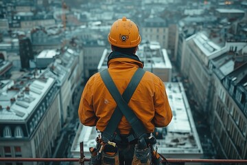 A constructor wearing a hard hat, holding a digital tablet, overseeing work at a construction site 