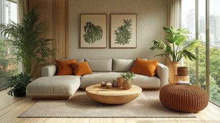 A cozy Scandinavian winter interior with a wood-burning stove, fluffy rugs, and a comfortable sofa in front of the fire 