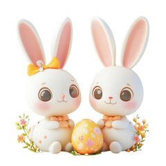 Obraz premium Two cute rabbits sitting near a decorated egg, surrounded by flowers in a joyful setting., isolated on a transparent background.