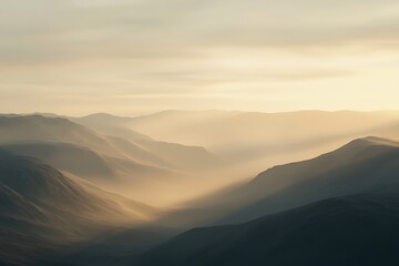 Fototapeta premium Serene Sunrise Mountain Landscape: Golden Rays Illuminate Misty Valley. Peaceful Panorama, Nature's Tranquility at Dawn