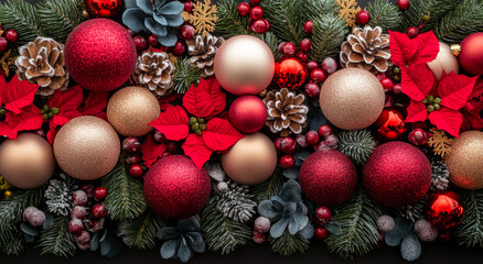 A Christmas tree with many red and gold ornaments. The tree is decorated with a variety of ornaments including pine cones, berries, and gold balls. The tree is surrounded by green foliage
