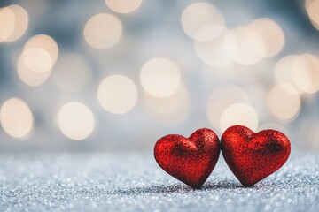 Obraz premium Two red hearts on a glittering background with bokeh lights, a romantic Valentine's Day background, a love concept. 