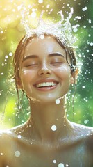 Obraz premium Smiling Woman with Water Droplets on Face - Natural Beauty Photography