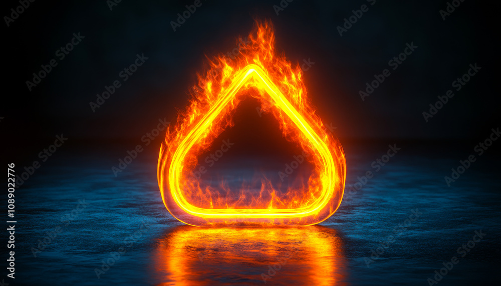 Fototapete a triangle made of fire is lit up in the dark. the fire is orange and the triangle is illuminated