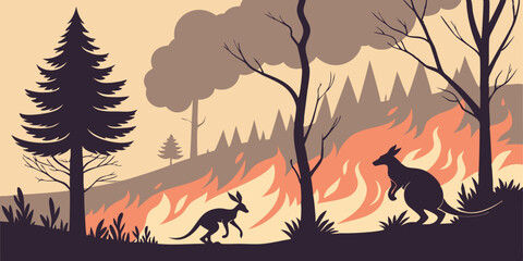 Forest fire burns in Australia. Forest fires with silhouette of wild animals. Burning forest spruces in fire flames isolated, nature disaster.
