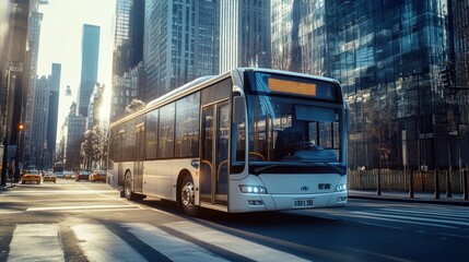Obraz premium A white bus with the number 5 on the front. It is driving down a city street. There are several other cars on the road