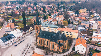 Obraz premium Aerial View European Town Center, Church, Vrchlabi, Czechia