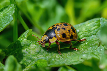 Fototapeta premium Macro photo of Ladybug in the green grass. Macro bugs and insects world. Nature in spring concept