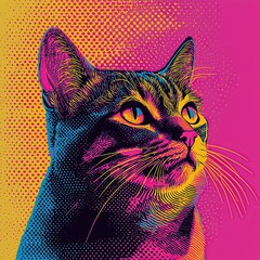 Vibrant pop art style illustration of a cat's head, featuring bold colors and halftone patterns.  Perfect for trendy designs and pet-themed projects.