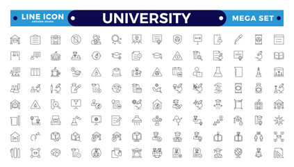 University outline icon collection set. Containing education, research, academic, degree, discipline, bachelor, post graduate, knowledge, college, task list, institute. Editable stroke outline icon.