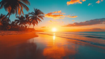 Obraz premium Tropical Sunset Beach Palm Trees Ocean Golden Hour Summer Vacation