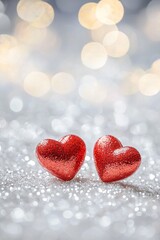 Fototapeta premium Two red hearts on a glittering background with bokeh lights, a romantic Valentine's Day background, a love concept. 