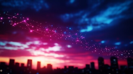 A vibrant city skyline by a stunning sunset with colorful clouds and sparkling stars.