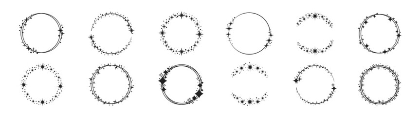Circle star border frame set. Set of black star frame decoration. Circle frames with sparkle stars, Christmas glitter round line borders. 