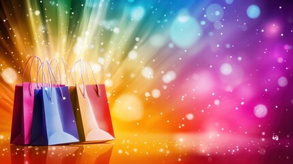 Vibrant background with shopping bags and discount tags creates urgency for online deals