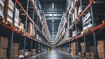 Fototapeta premium A warehouse with a lot of boxes on the shelves. There are many boxes on the shelves and the floor