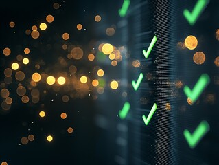 Digital interface with green checks and glowing lights representing successful data processing and verification.