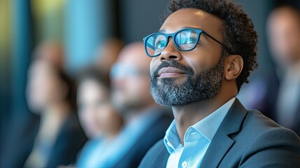 Obraz premium Smiling professional man attending a conference with colleagues