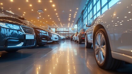 Modern car dealership showroom automotive hub showroom environment contemporary setting wide-angle perspective