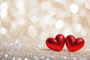 Fototapeta premium Two red hearts on a glittering background with bokeh lights, a romantic Valentine's Day background, a love concept. 