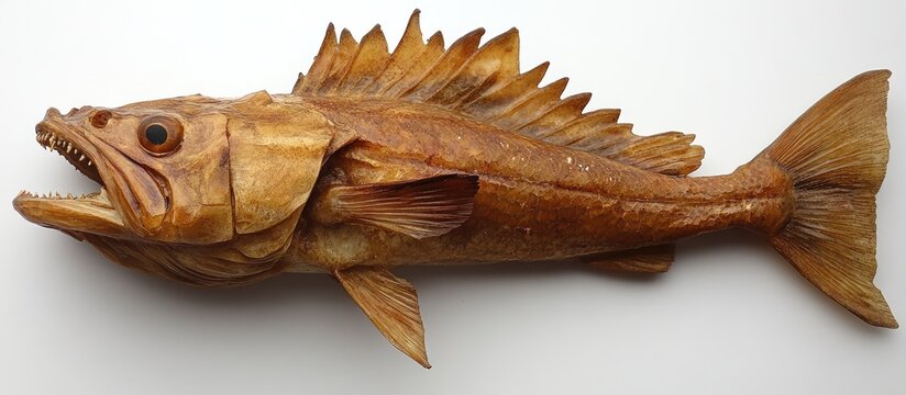 A preserved specimen of a fish, likely a sculpin or a species with similar features, with an open mouth and an exposed jaw.