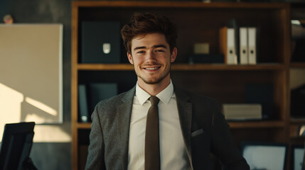 Fototapeta premium Young man smiling confidently in an office space surrounded by indoor plants during daytime