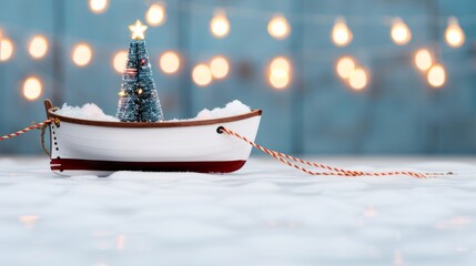 Miniature boat with a Christmas tree and lights.