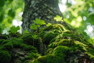 Green moss covers a tree trunk. This image can be used for nature, environment, and forest-related projects.
