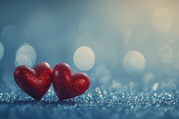 Fototapeta premium Two red hearts on a glittering background with bokeh lights, a romantic Valentine's Day background, a love concept. 