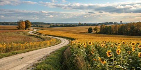 Naklejka premium Autumn sunflower field with a winding country road, scenic drive, warm light, field