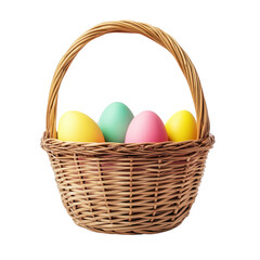 Fototapeta premium A colorful basket filled with decorated Easter eggs ready for festive celebrations., isolated on a transparent background.