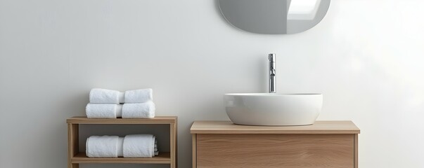 Stylish Contemporary Bathroom Upgrade with Warm Wood Cabinetry and Minimalist Design - Bright Skylight Illuminates Modern Space with Open Shelving and Folded Towels