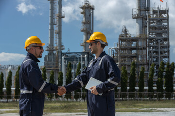 Team professional electrical engineer safety uniform shaking hand working together at station...