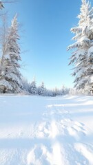 Obraz premium A serene winter landscape blanketed in fresh snow, with a clear blue sky overhead and snow-covered trees in the distance, clear