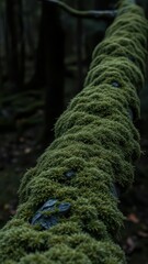 Moss-covered log rests in a dark forest during the day