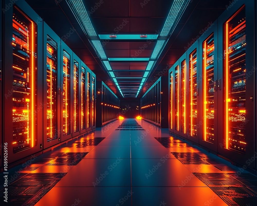 Poster futuristic quantum data center with rows of glowing processors and mainframes